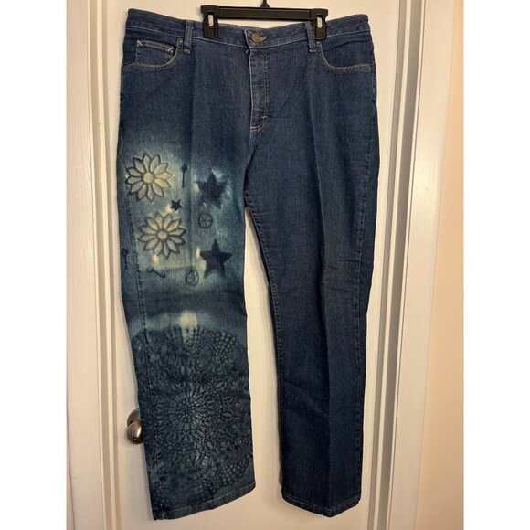 Riders By Lee Womens Custom Bleach Art Jeans Size 18 P Blue Denim Star Flower - Picture 1 of 8